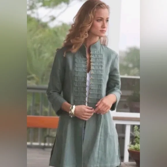 Soft Surroundings Ramie Jacket Sage Green Sheffield Coins Military size XL - Picture 1 of 5